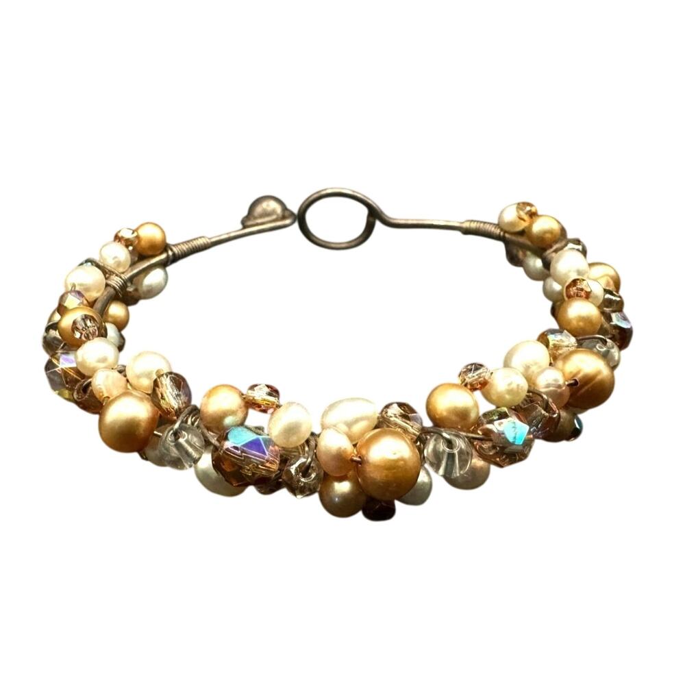Artisan Sterling Silver,  Pearls and Crystals Beaded Bangle Bracelet Bride Weddi